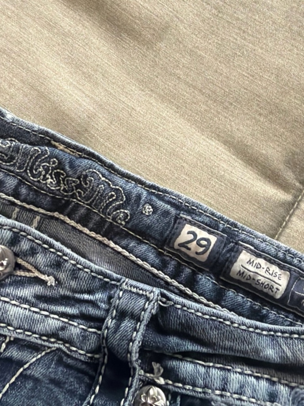 Miss Me Blue Distressed Denim Shorts with Lace Insets - Picture 3 of 5